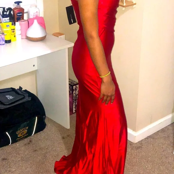 Fashion Nova | Dresses | Red Long Satin Dress With A Knee Split | Poshmark
